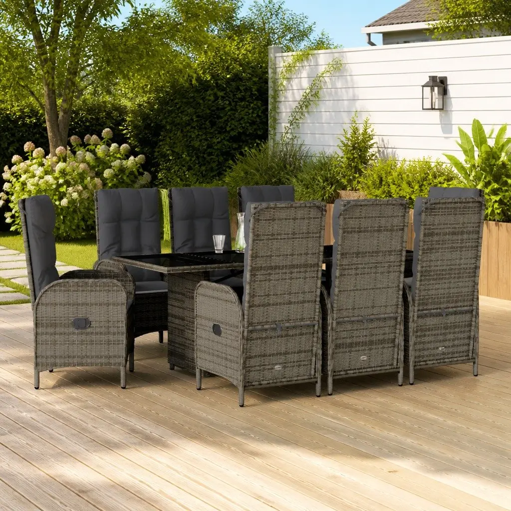 Outdoor Furniture Set 9 Piece Grey Rattan Dining Chairs and Table for Garden Patio