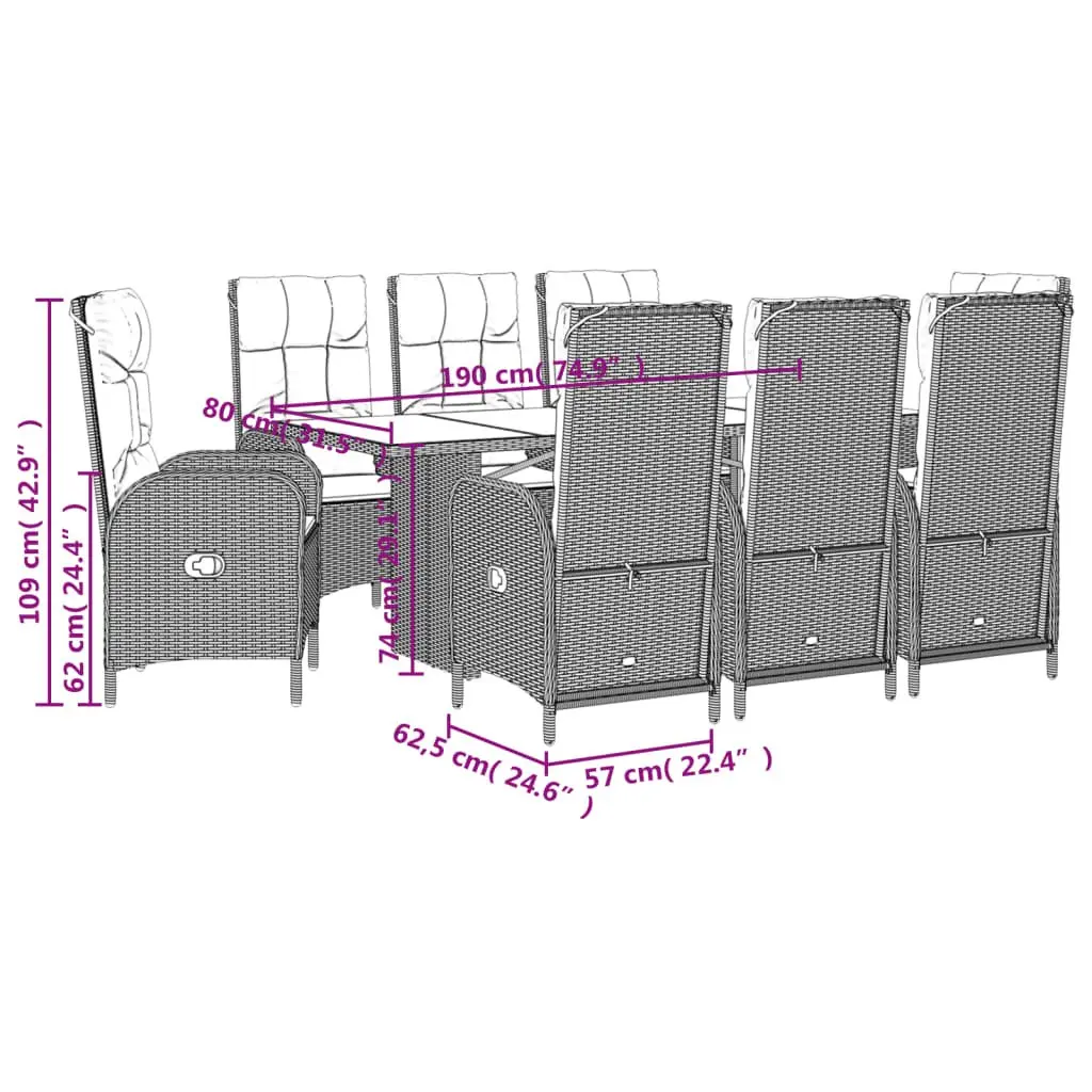 Outdoor Furniture Set 9 Piece Grey Rattan Dining Chairs and Table for Garden Patio