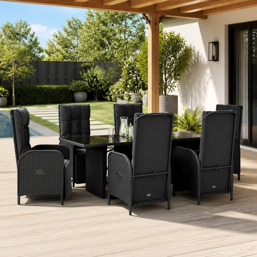 7 Piece Outdoor Garden Dining Set Black Poly Rattan Chairs Table