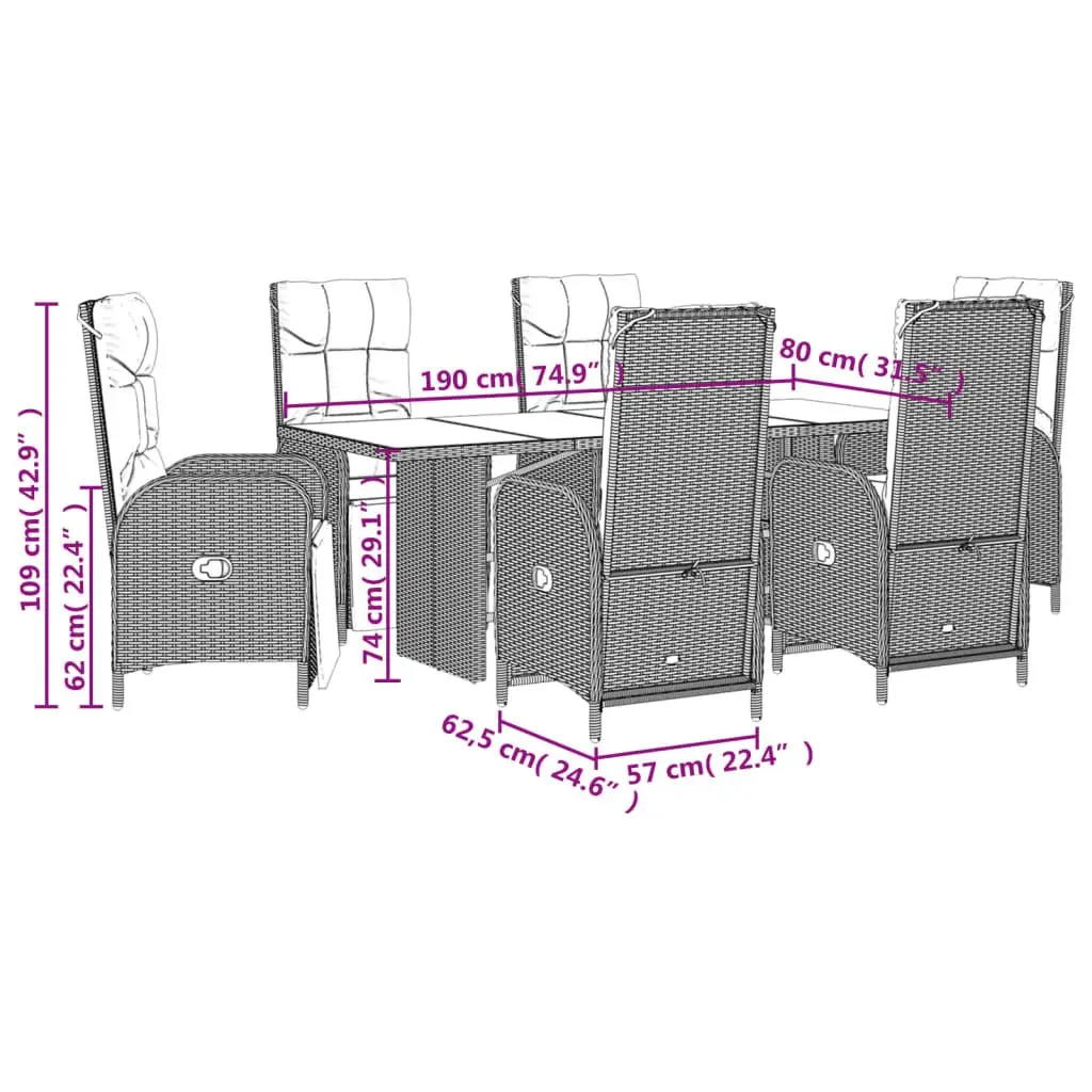7 Piece Outdoor Garden Dining Set Black Poly Rattan Chairs Table