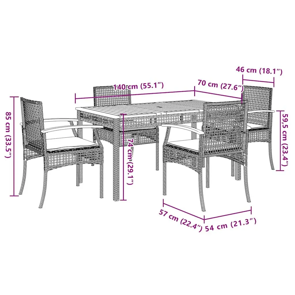 5 Piece Outdoor Dining Set Black Poly Rattan Garden Furniture Table Chairs