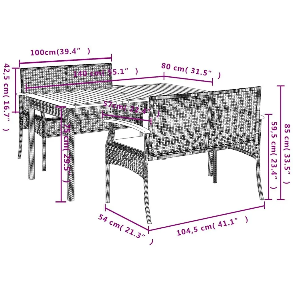 3 Piece Outdoor Garden Dining Set Cushions Black Poly Rattan