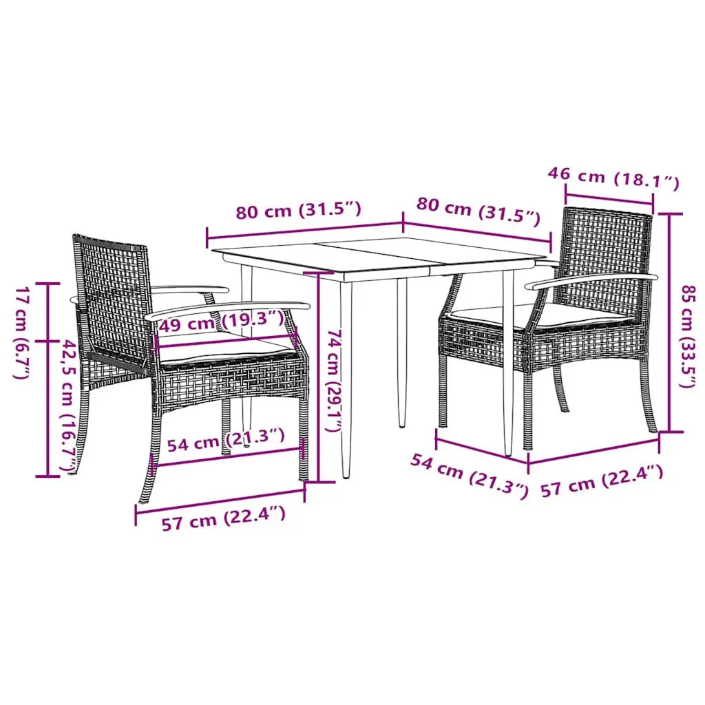 3 Piece Garden Dining Set Outdoor Patio Furniture Black Poly Rattan with