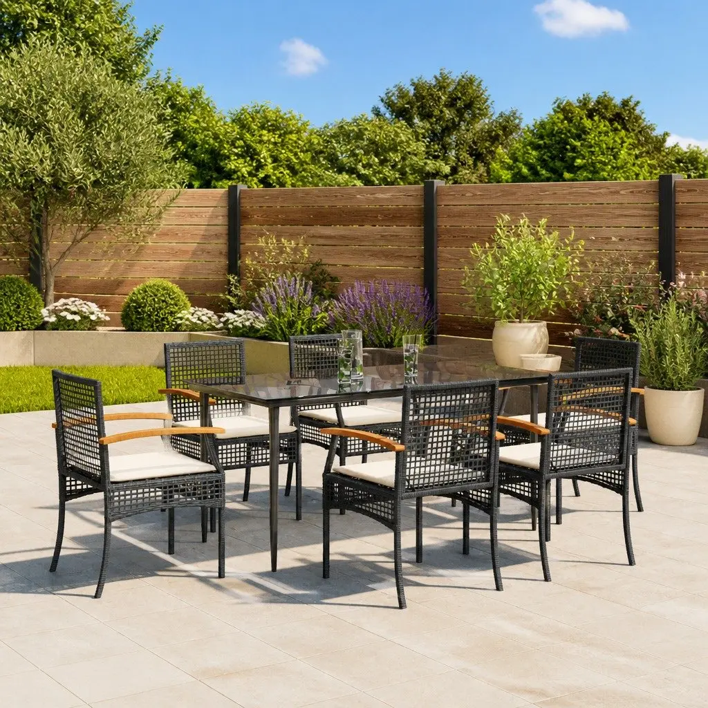 Garden Dining Set 7 Piece Outdoor Furniture Black Poly Rattan Cushions