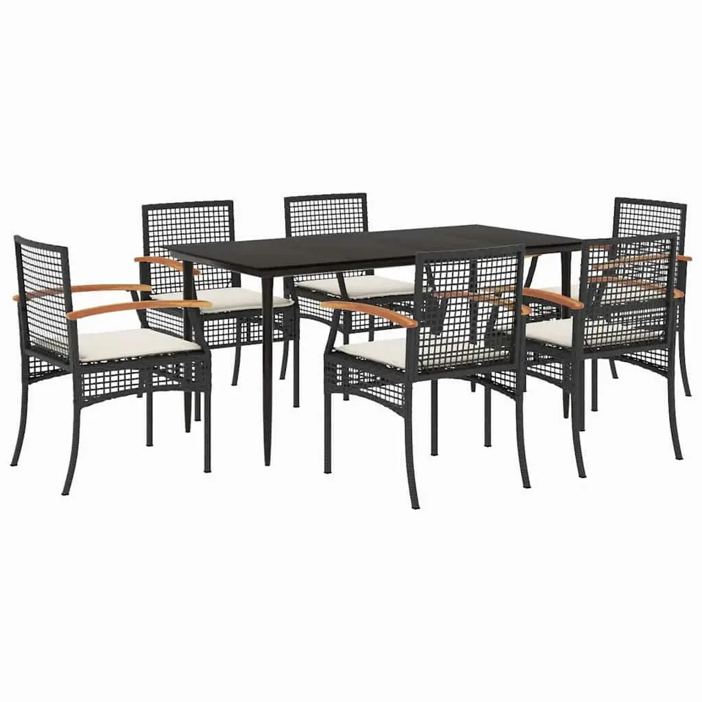 Garden Dining Set 7 Piece Outdoor Furniture Black Poly Rattan Cushions