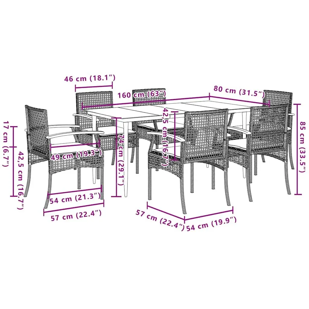 Garden Dining Set 7 Piece Outdoor Furniture Black Poly Rattan Cushions