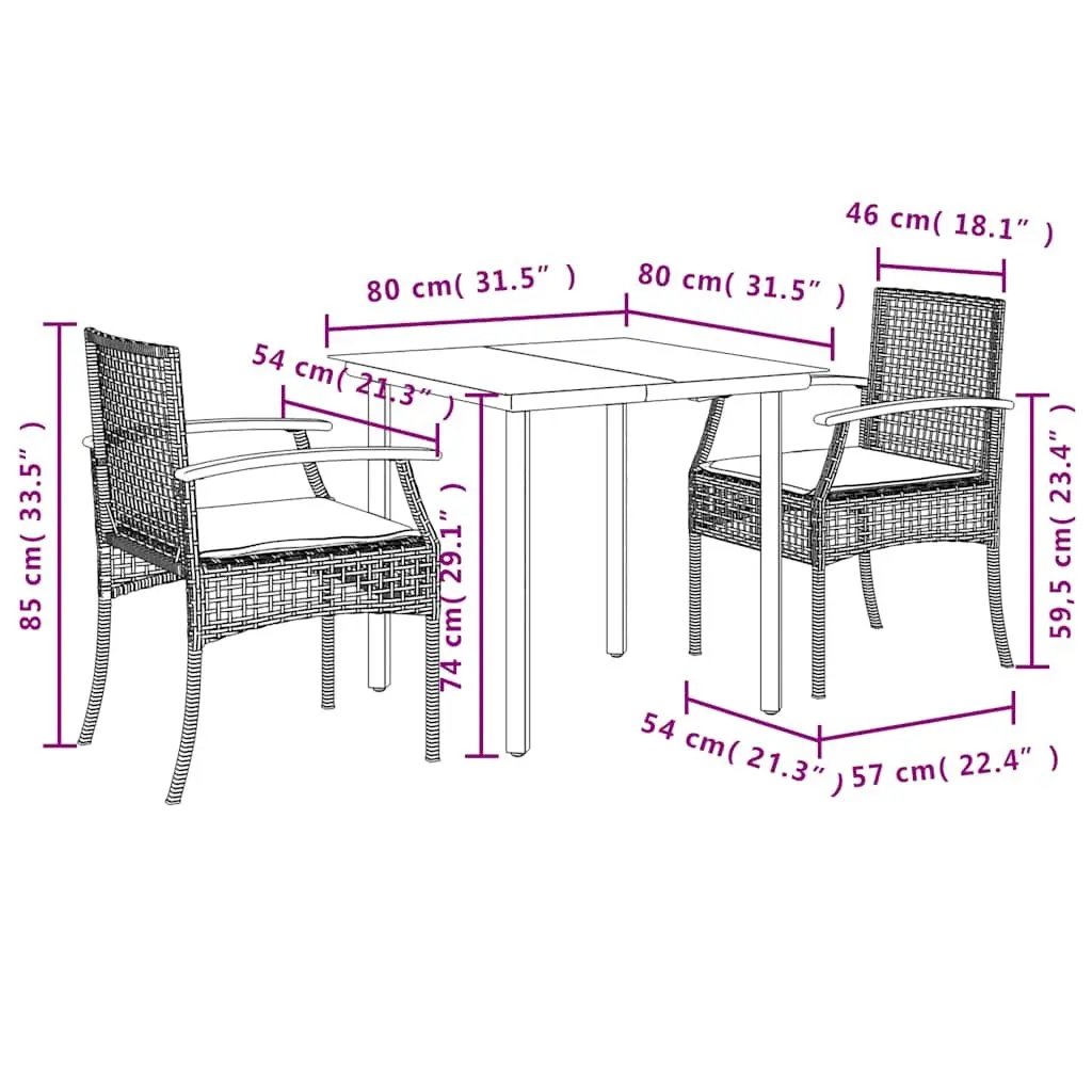 3 Piece Outdoor Dining Set Black Poly Rattan Table Chairs