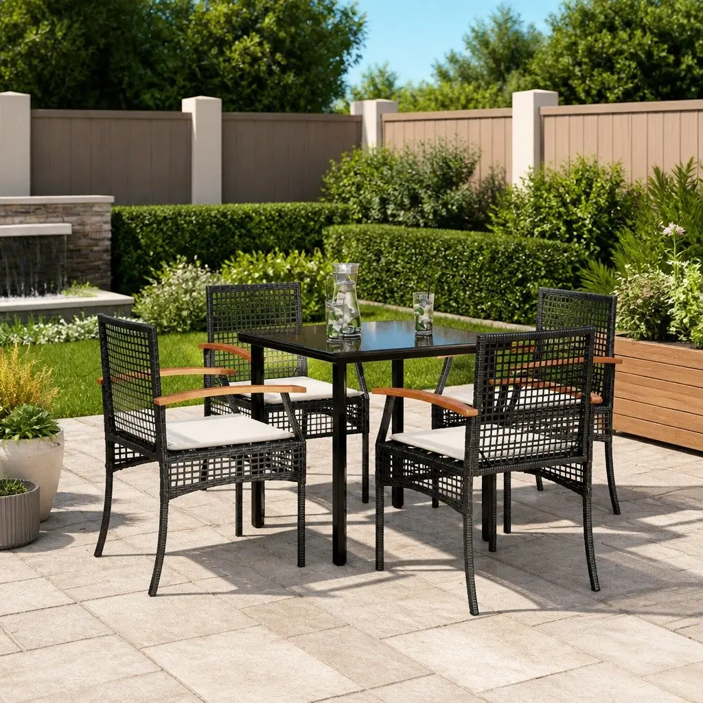 Outdoor Dining Set Black Poly Rattan 5 Piece Table Chairs Cushions for Garden Patio
