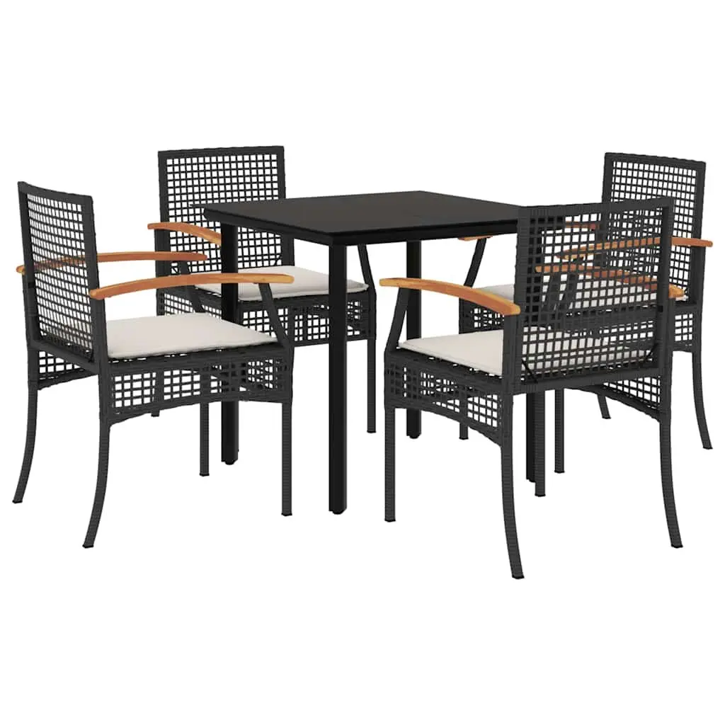 Outdoor Dining Set Black Poly Rattan 5 Piece Table Chairs Cushions for Garden Patio
