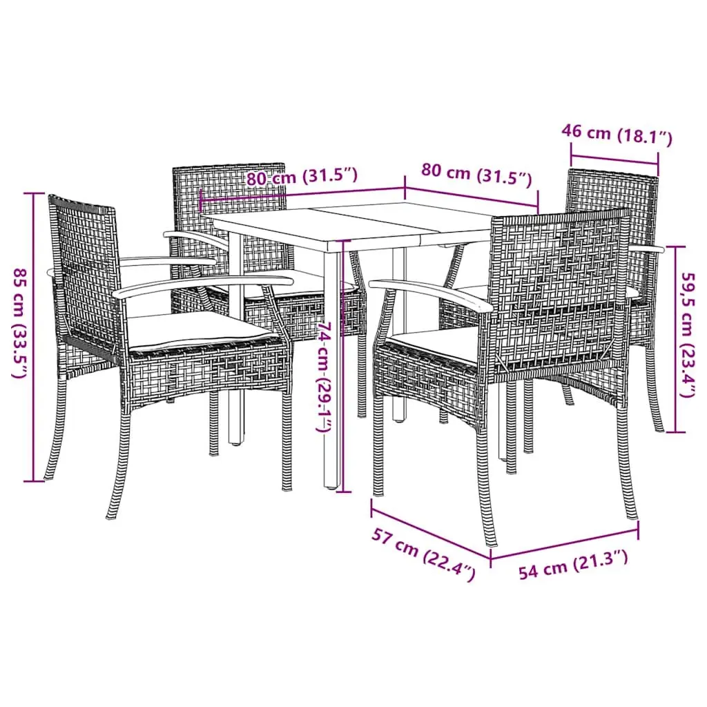 Outdoor Dining Set Black Poly Rattan 5 Piece Table Chairs Cushions for Garden Patio