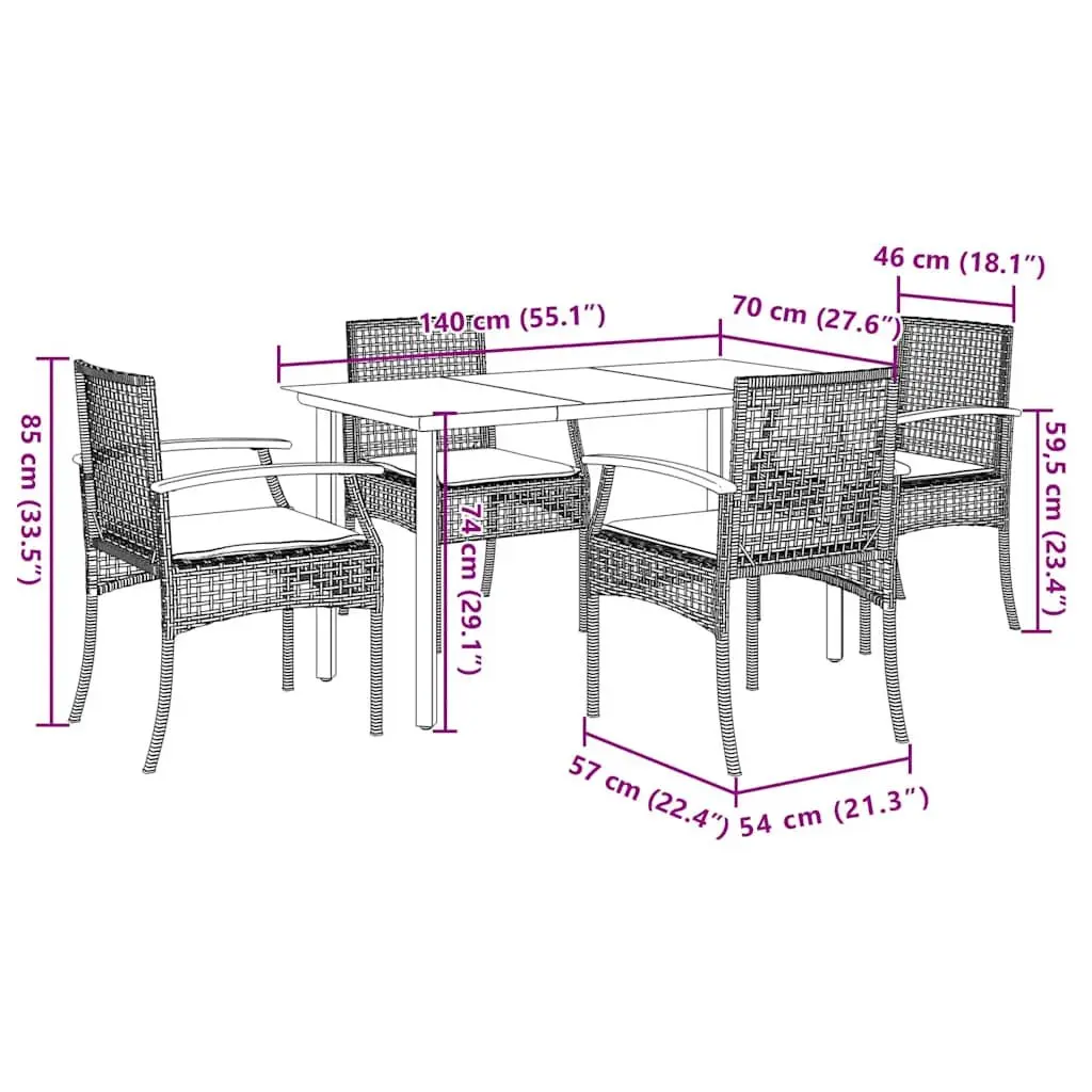 5 Piece Garden Dining Set Outdoor Furniture Black Poly Rattan with Cushions