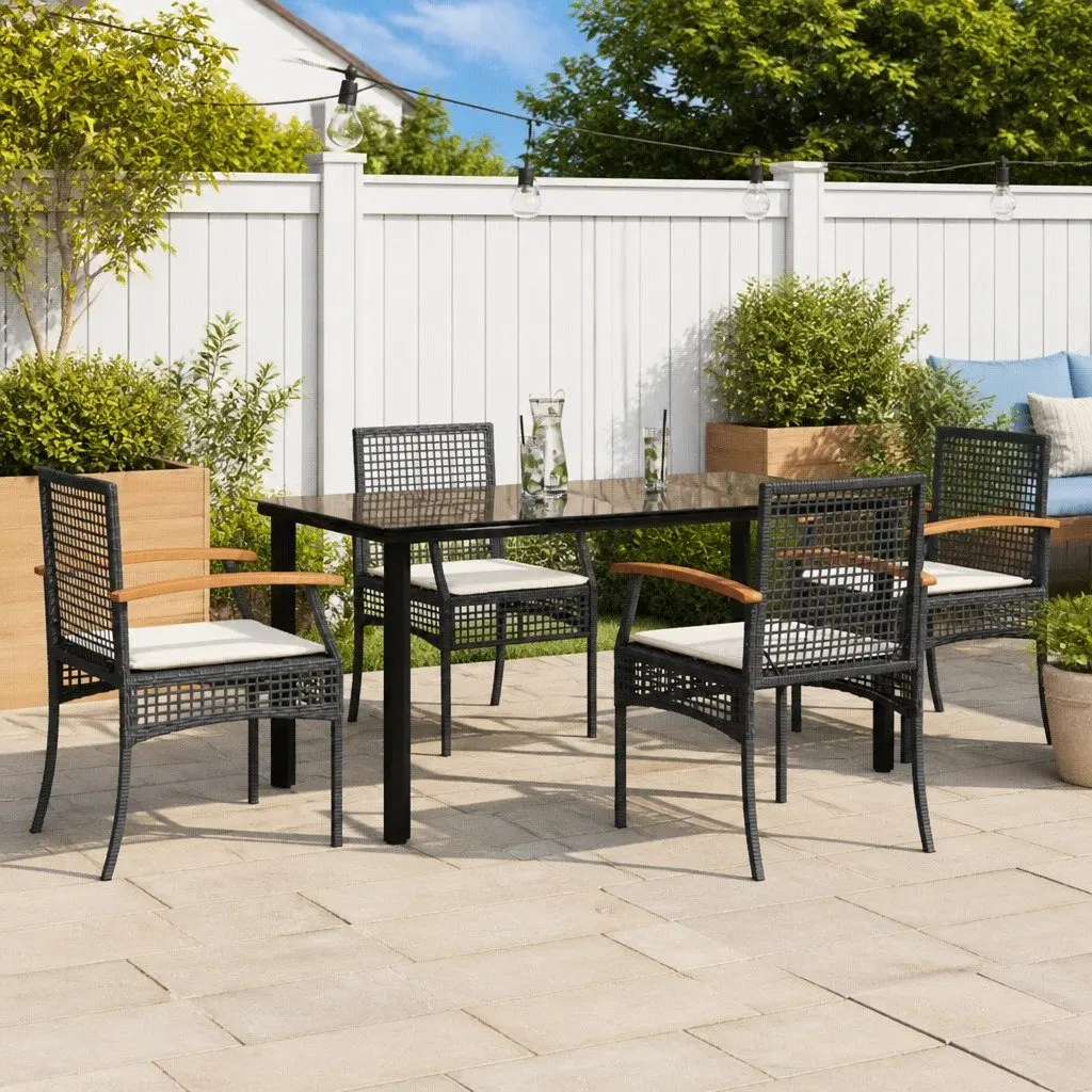 5 Piece Garden Dining Set Outdoor Use Black Poly Rattan Table Chairs