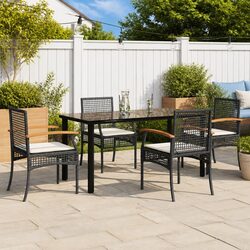 5 Piece Garden Dining Set Black Poly Rattan Outdoor Furniture Patio Table Chairs