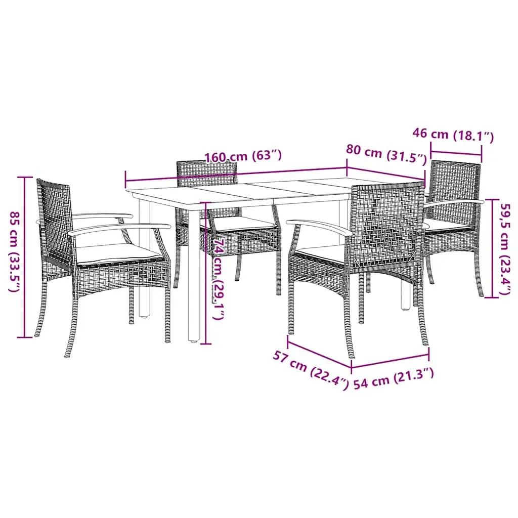 5 Piece Garden Dining Set Outdoor Use Black Poly Rattan Table Chairs