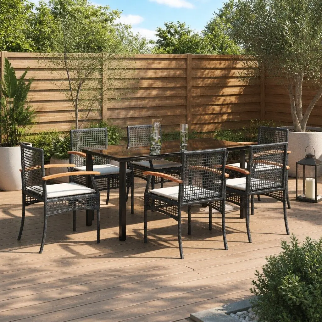 Outdoor Patio Furniture Dining Set 7 Piece Black Poly Rattan with Cushions
