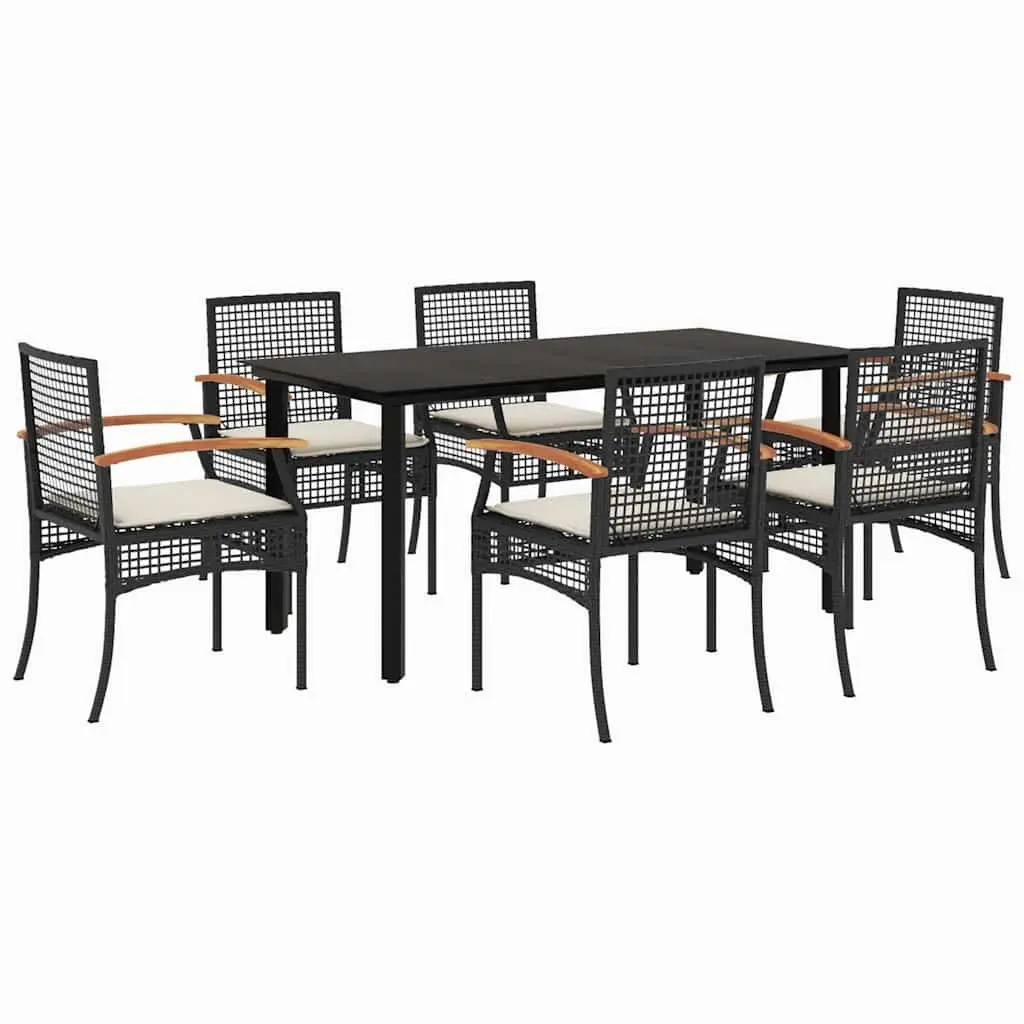Outdoor Patio Furniture Dining Set 7 Piece Black Poly Rattan with Cushions