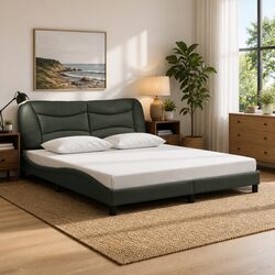 Comfortable King Bed Frame with LED Lights and Grey Upholstery