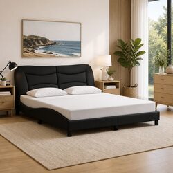Queen Bed Frame Black Fabric LED Lights Headboard Support Bedroom Furniture
