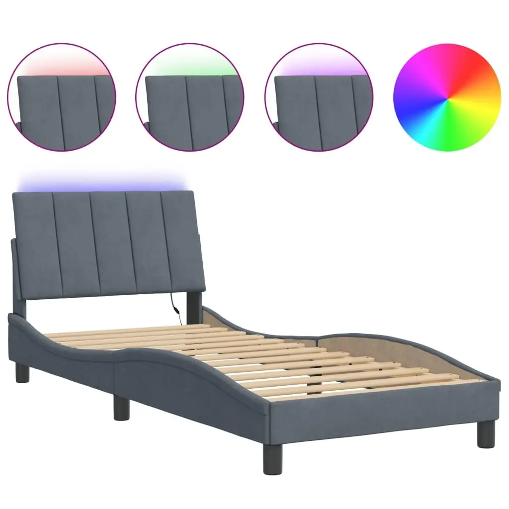 Bed Frame LED Lights Dark Grey Velvet 90x190 cm Slatted Base Headboard