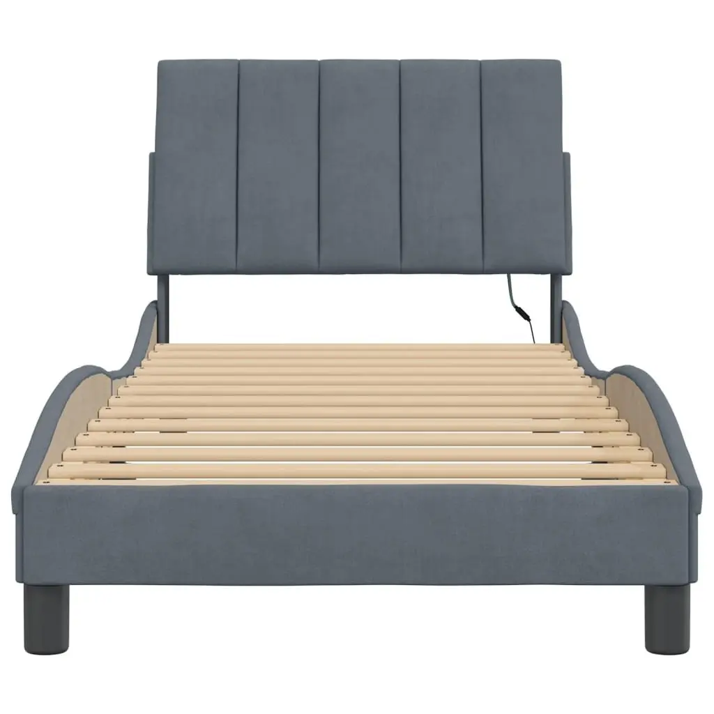Bed Frame LED Lights Dark Grey Velvet 90x190 cm Slatted Base Headboard