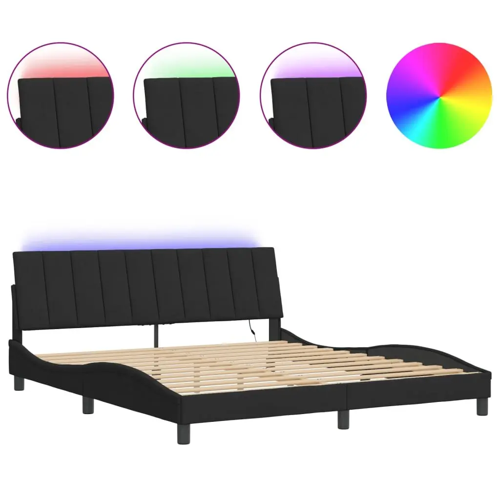 King Bed Frame with LED Lights Slatted Base Black Velvet Headboard 180x200 cm
