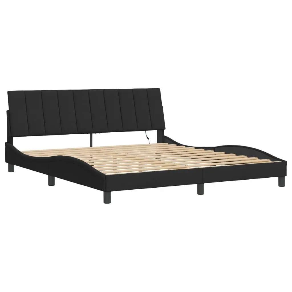 King Bed Frame with LED Lights Slatted Base Black Velvet Headboard 180x200 cm