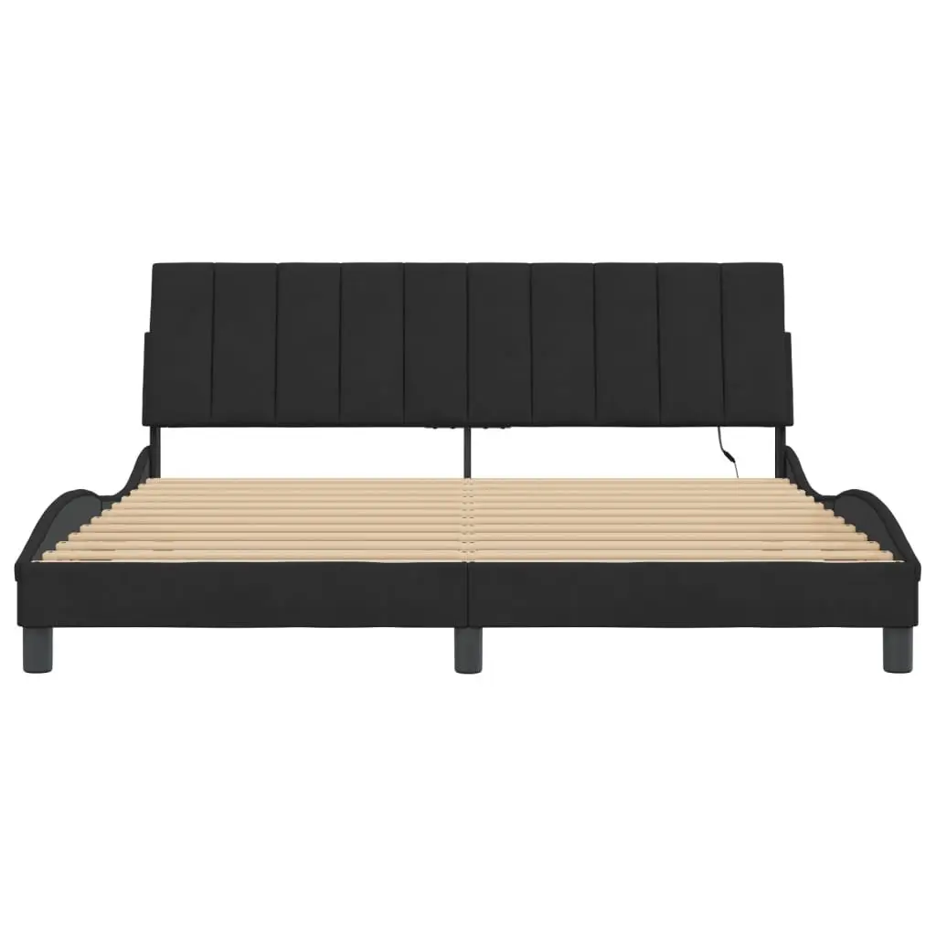 King Bed Frame with LED Lights Slatted Base Black Velvet Headboard 180x200 cm
