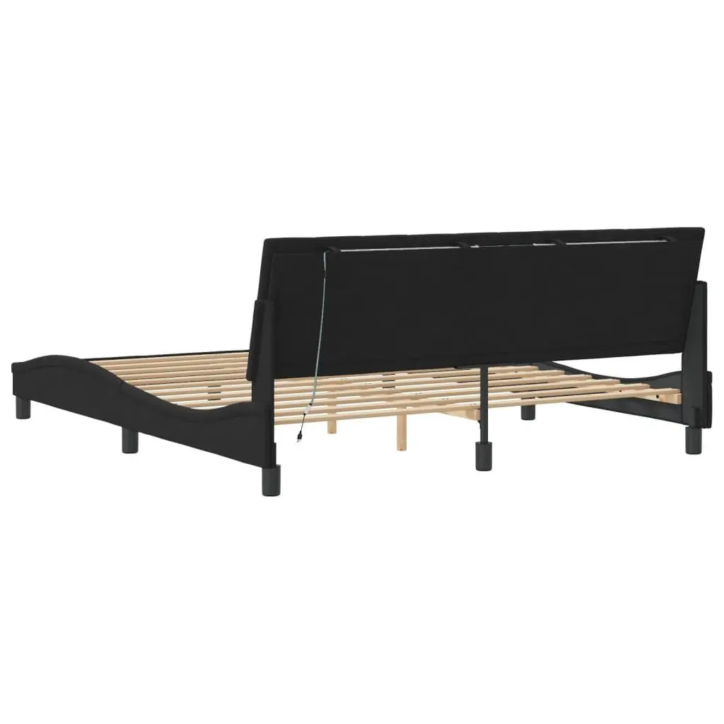 King Bed Frame with LED Lights Slatted Base Black Velvet Headboard 180x200 cm