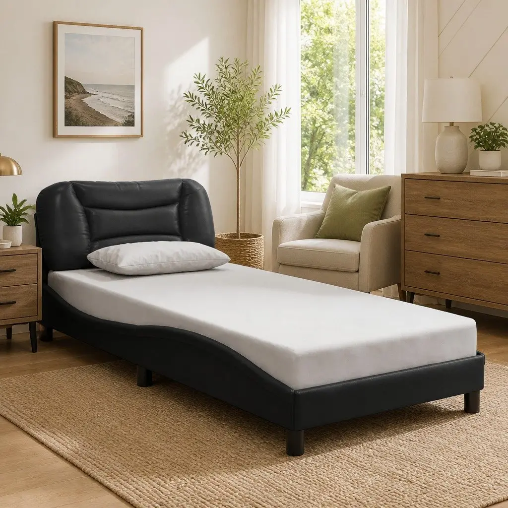 Bed Frame LED Lights Faux Leather 90x190 cm Black Slatted Base