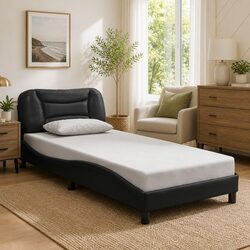 Black Bed Frame with LED Lights Headboard Faux Leather 90x190 cm Slatted Base
