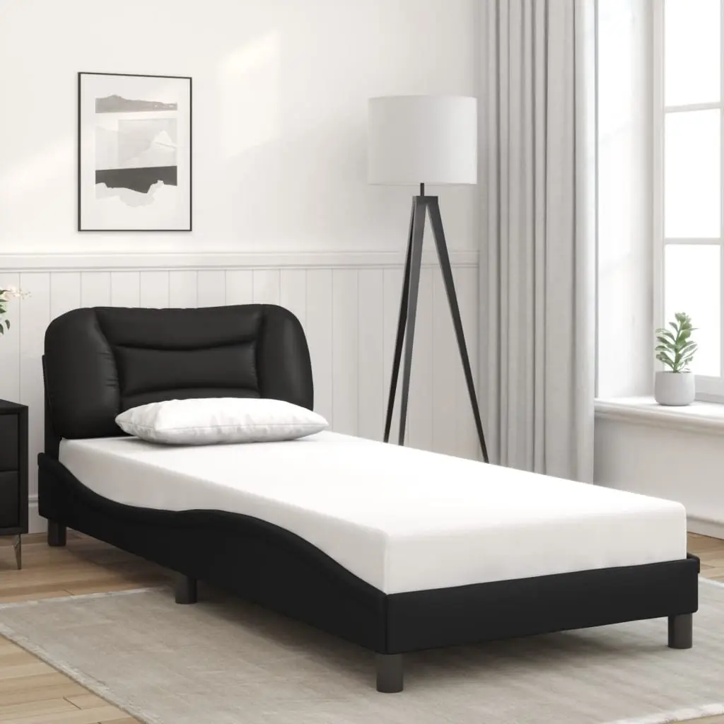 Bed Frame LED Lights Faux Leather 90x190 cm Black Slatted Base