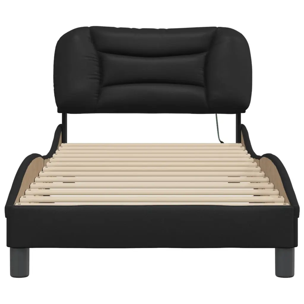 Bed Frame LED Lights Faux Leather 90x190 cm Black Slatted Base