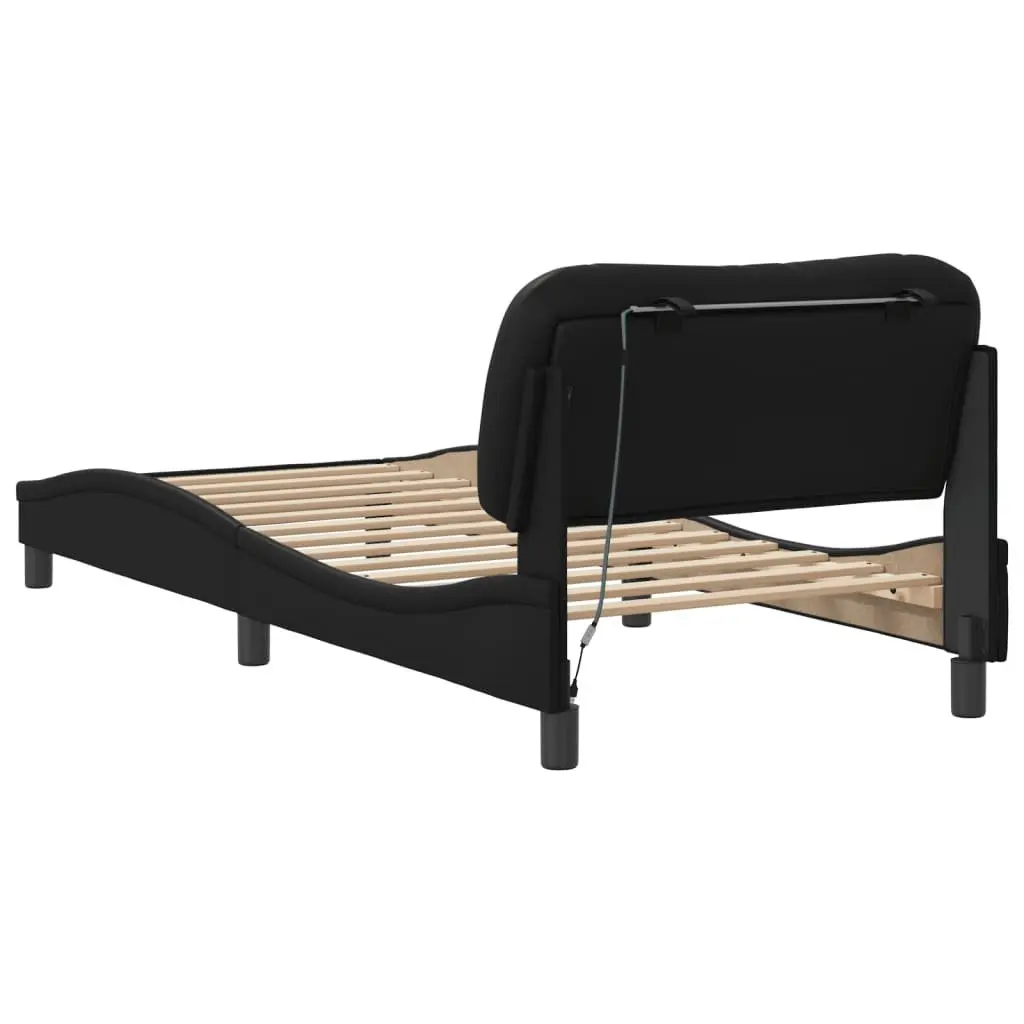 Bed Frame LED Lights Faux Leather 90x190 cm Black Slatted Base