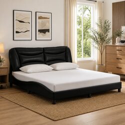 Black Bed Frame with Colourful LED Strip Lights Faux Leather Headboard 180x200cm