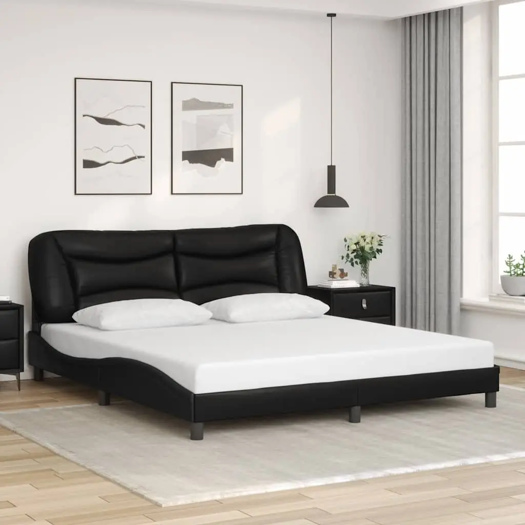 Faux Leather Bed Frame with LED Strip Lights Padded Headboard 180x200cm Black
