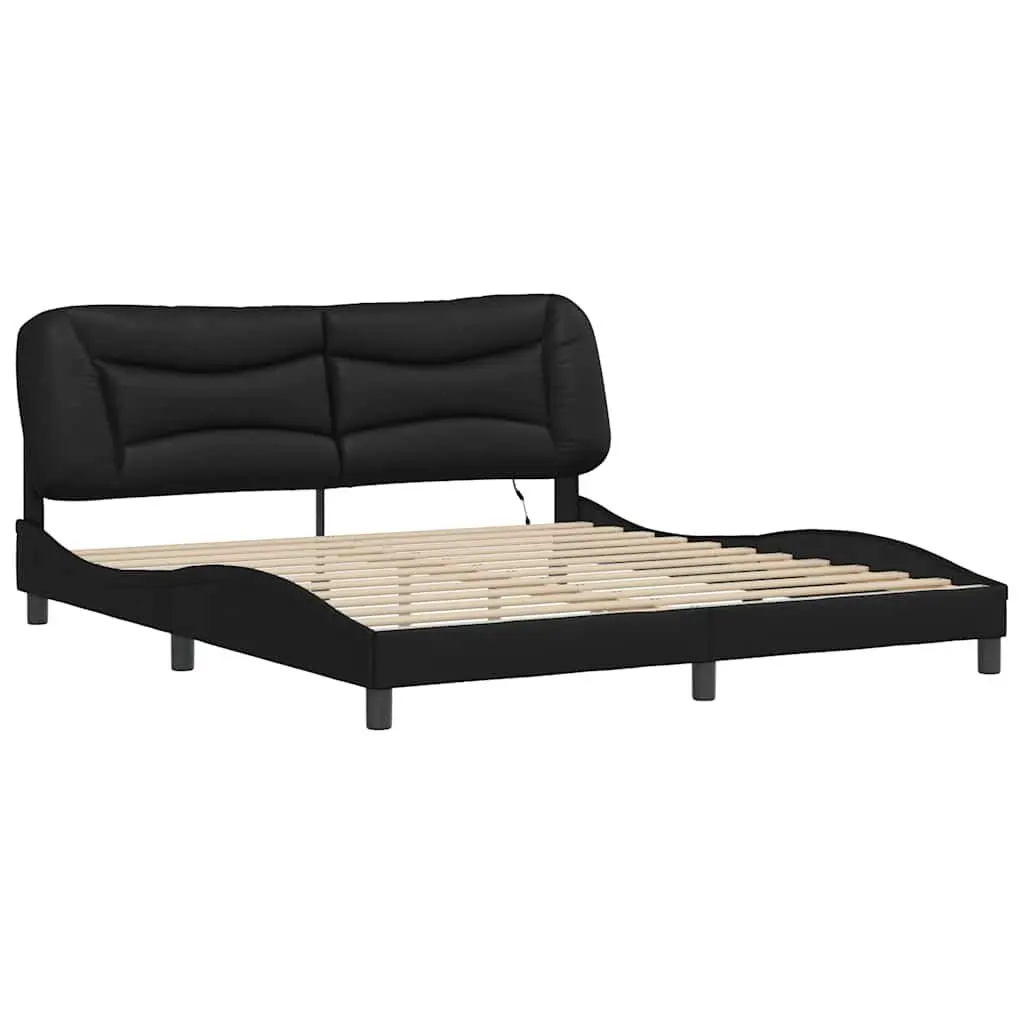 Faux Leather Bed Frame with LED Strip Lights Padded Headboard 180x200cm Black