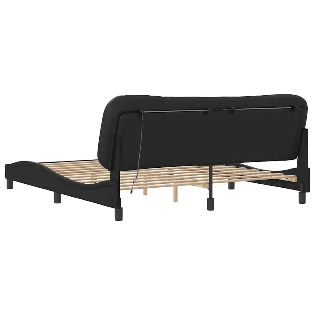 Faux Leather Bed Frame with LED Strip Lights Padded Headboard 180x200cm Black