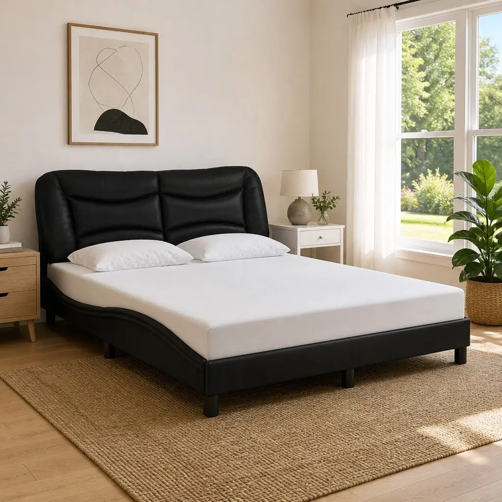 Bed Frame LED Lights Faux Leather Headboard Pillow 152x203 cm Black
