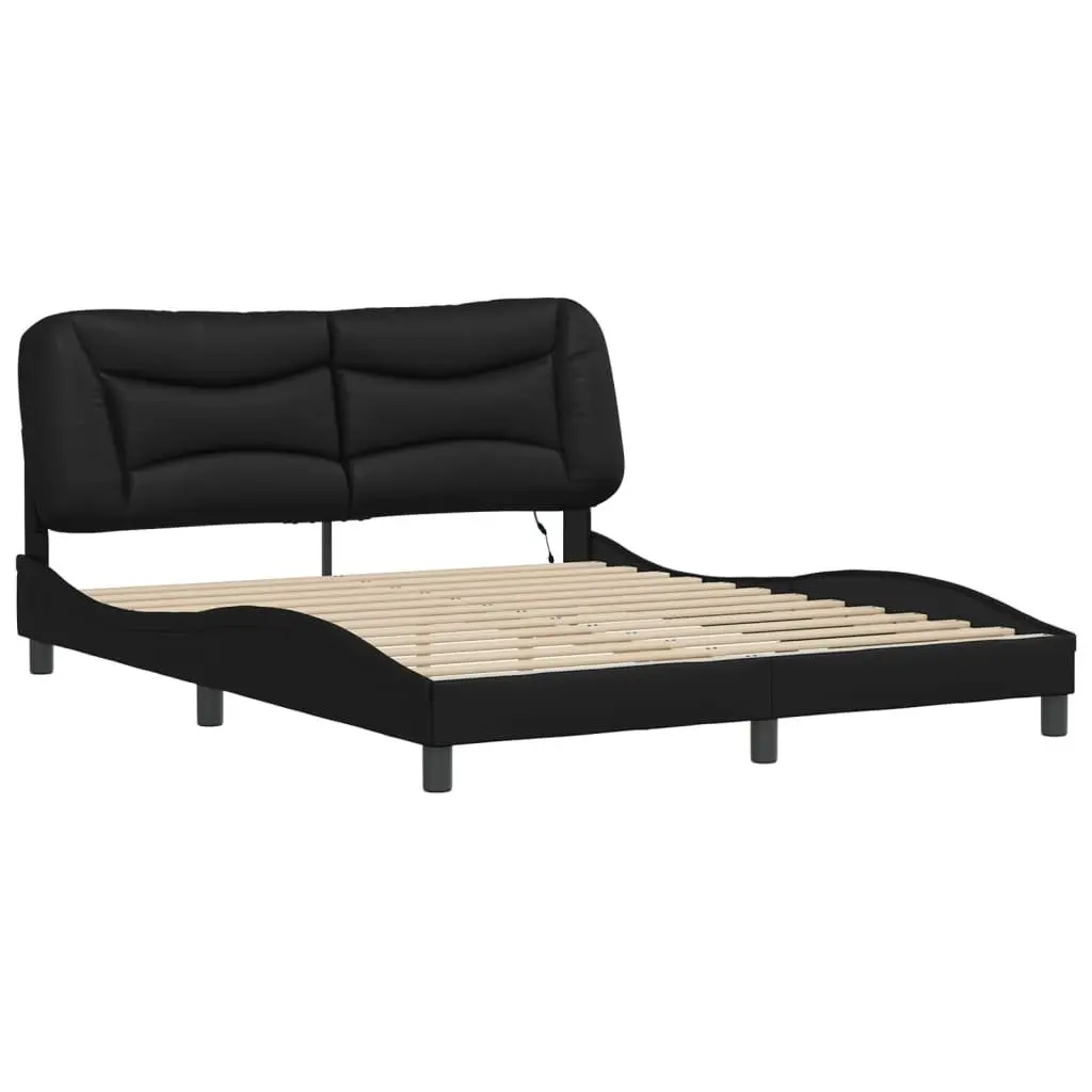 Bed Frame LED Lights Faux Leather Headboard Pillow 152x203 cm Black
