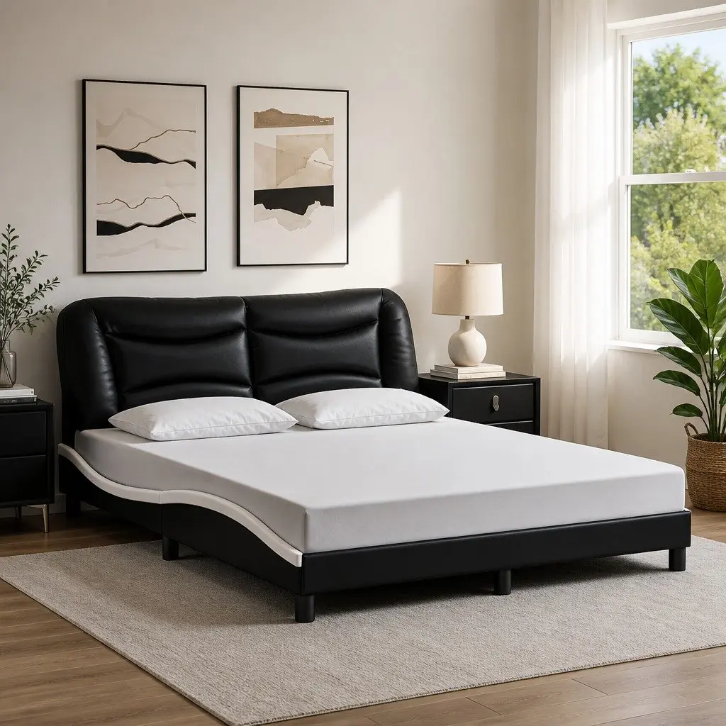 Bed Frame with LED Lights Black and White 152x203 cm Bedroom Furniture