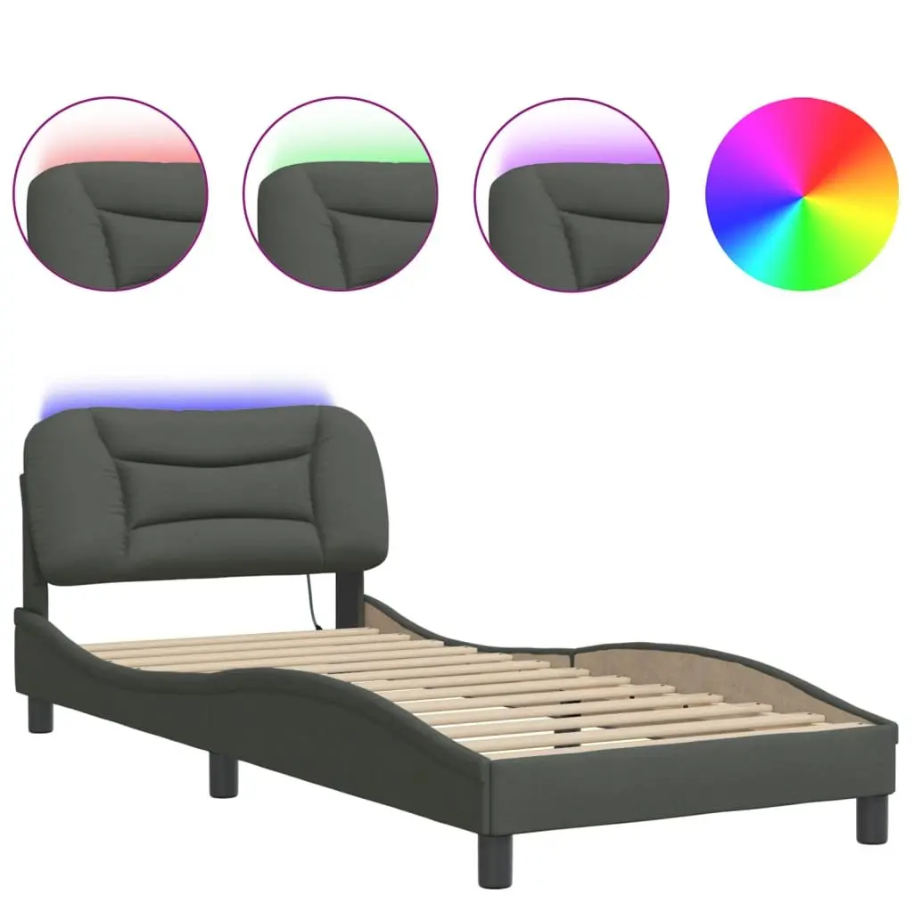 Bed Frame with LED Lights Headboard Fabric Slatted Base Grey 90x190 cm