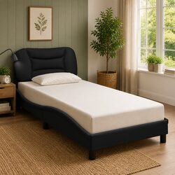 Bed Frame with LED Lights Black Fabric Headboard 90x190 cm Slatted Base Support