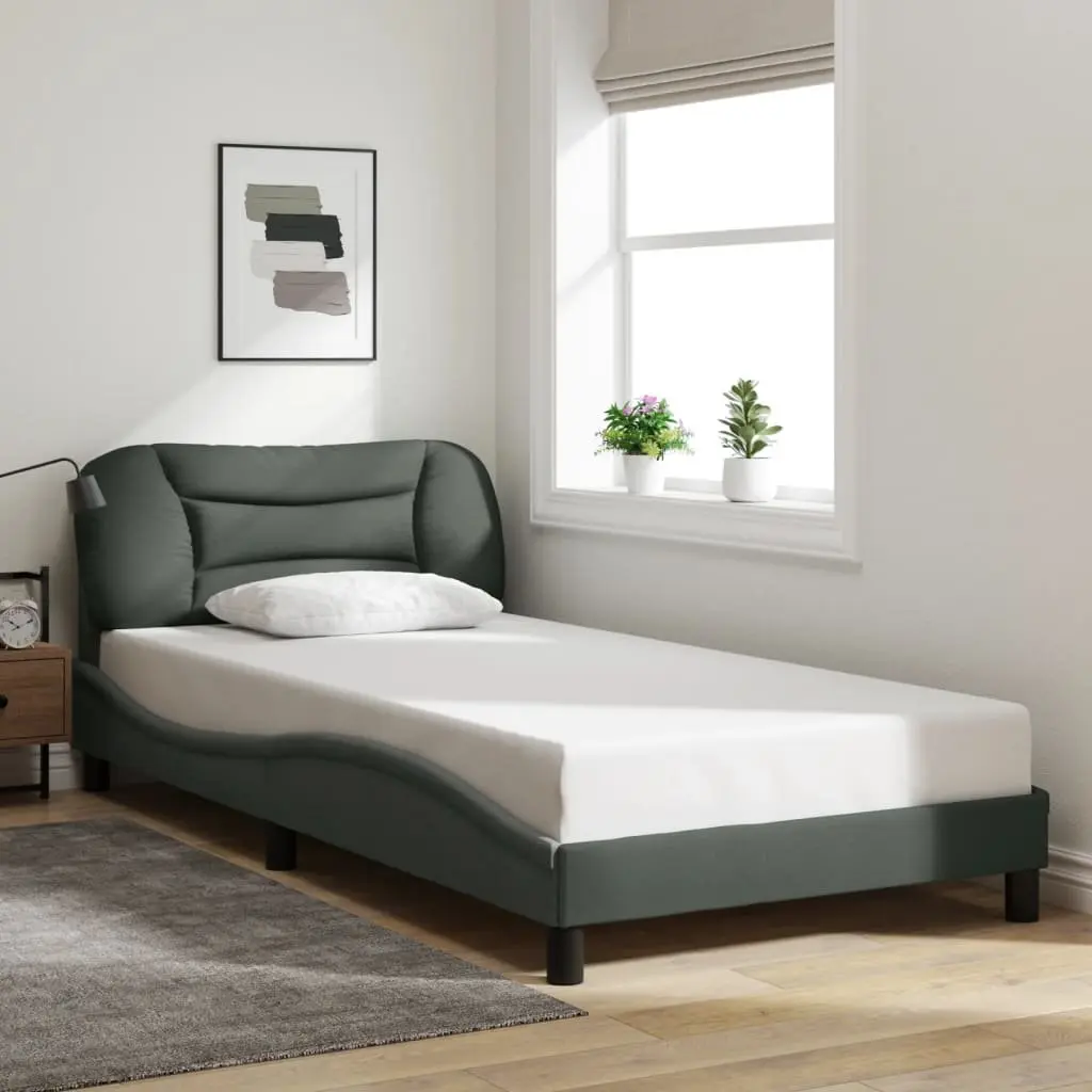 King Single Bed Frame with LED Lights Grey Fabric Headboard Plywood Slats