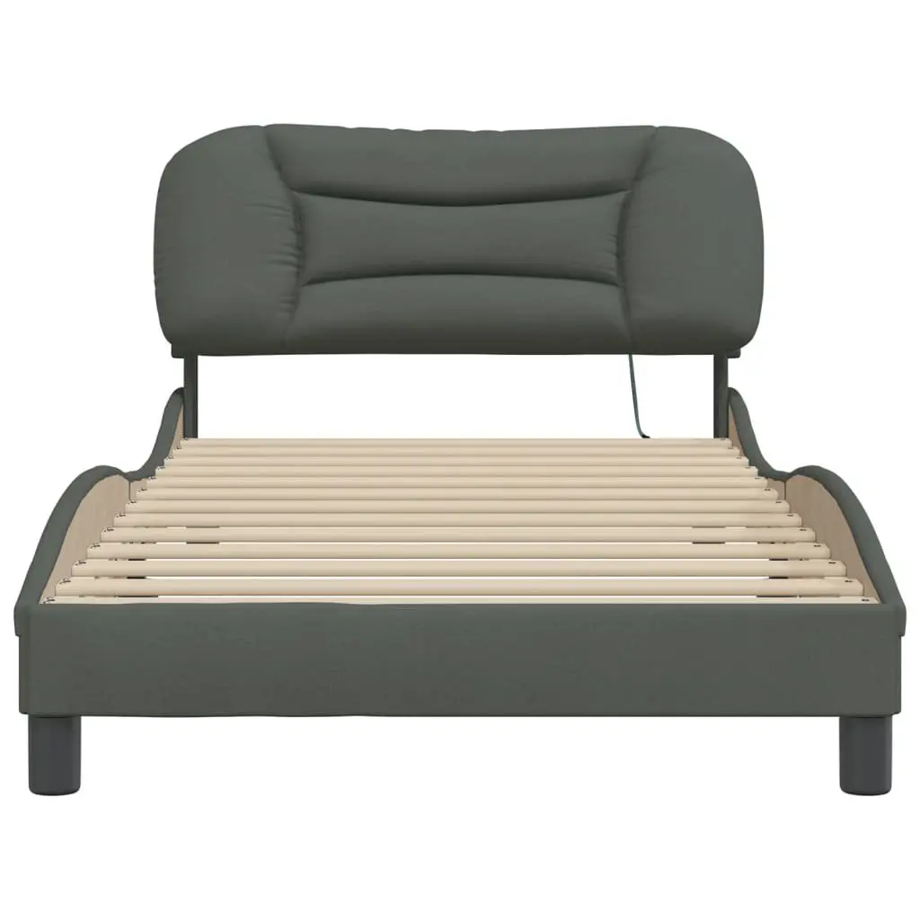 King Single Bed Frame with LED Lights Grey Fabric Headboard Plywood Slats