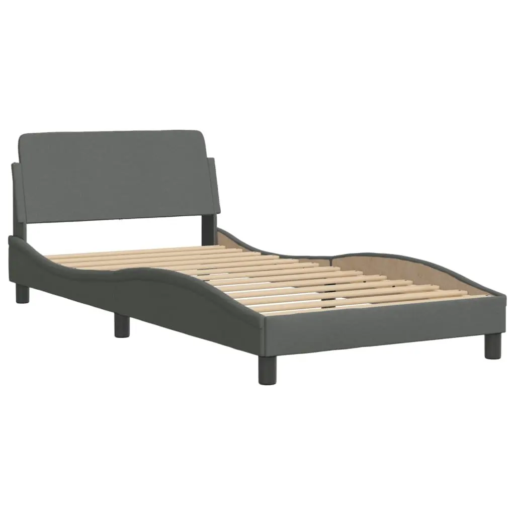 King Single Bed Frame with LED Lights Grey Fabric Headboard Plywood Slats