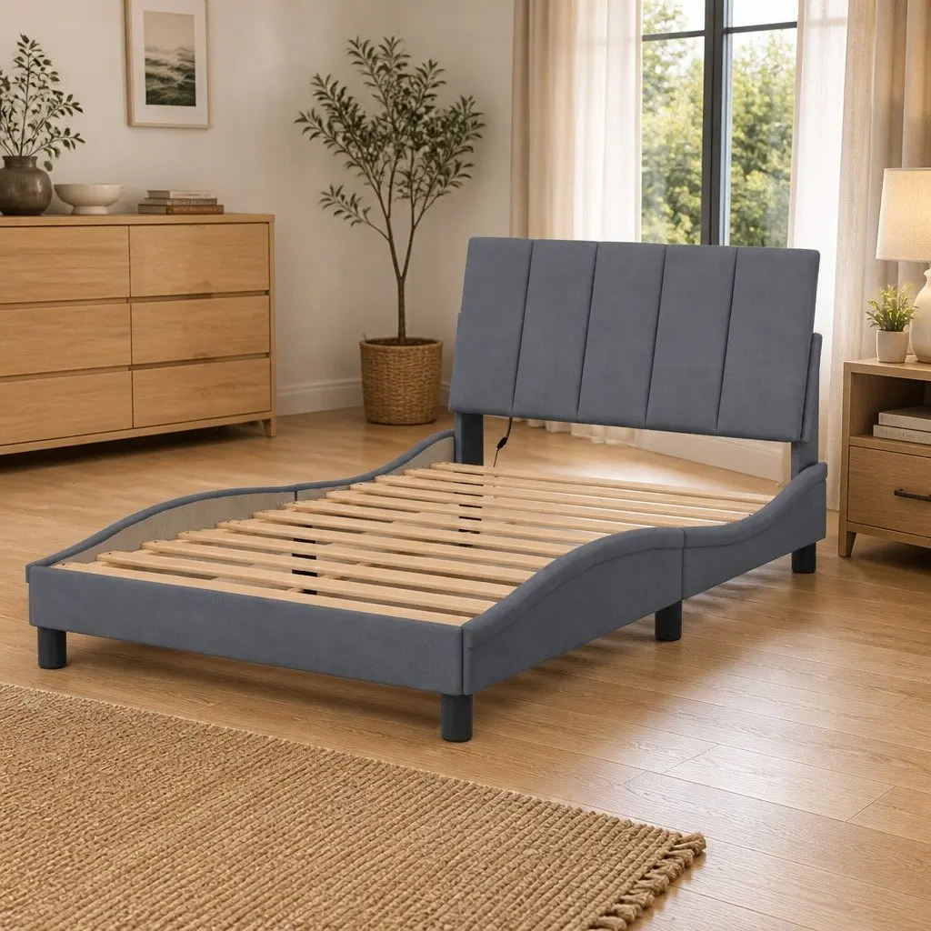 Grey Velvet Bed Frame with LED Lights