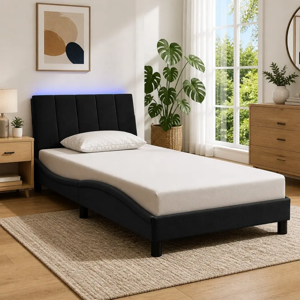 Black Velvet Upholstered King Single Bed Frame with LED Lights 107x203 cm