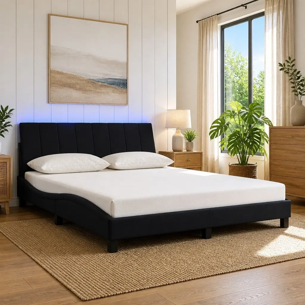 Queen Bed Frame with LED Lights Black Velvet Headboard 152x203 cm Bedroom
