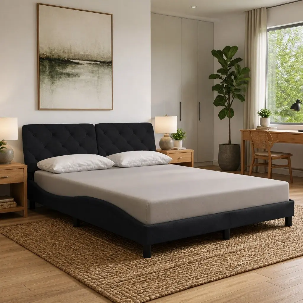 Queen Bed Frame with LED Lights Black Velvet Upholstered Headboard Pillow