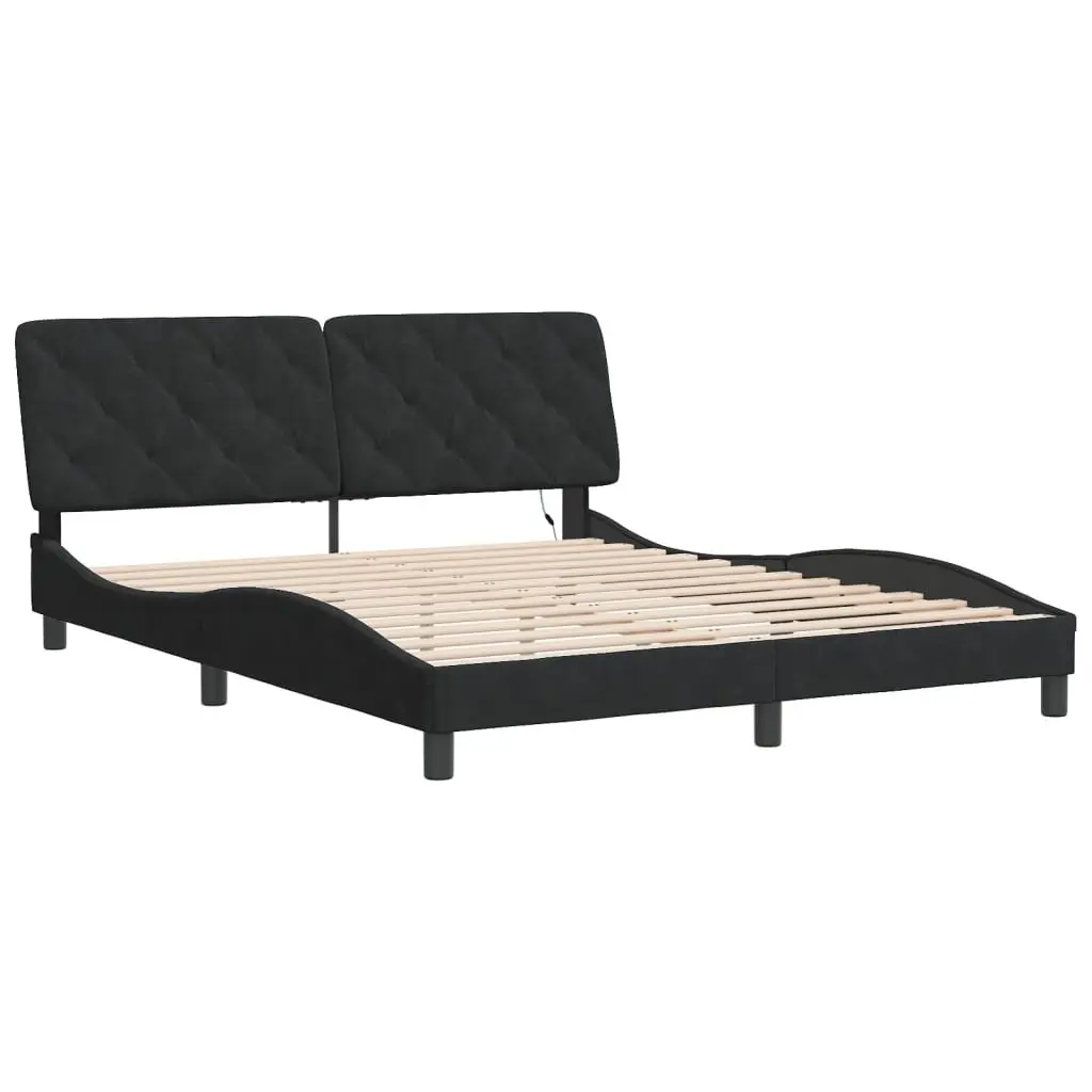 Queen Bed Frame with LED Lights Black Velvet Upholstered Headboard Pillow